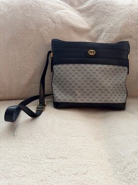 Gucci Navy Leather & Beige GG Canvas Crossbody with Gold Logo